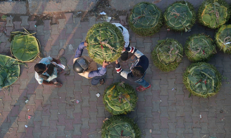 Labors carry betel leaves from a wholesale market to transport for retail shops in Agartala, the capital city of India's northeastern state of Tripura, Nov. 23, 2022. Photo: Xinhua