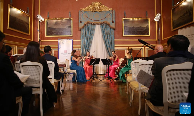 The Belart Female String Quartet performs at a chamber concert in Attard, Malta, on Nov. 23, 2022. A chamber concert themed Melody of the Orient was held on Wednesday night in San Anton Palace, the official residence of the President of Malta in Attard. Hosted by China International Culture Association, the event was co-organized by China Cultural Centre in Malta and the China National Opera and Dance Theater. (Xinhua/Chen Wenxian)