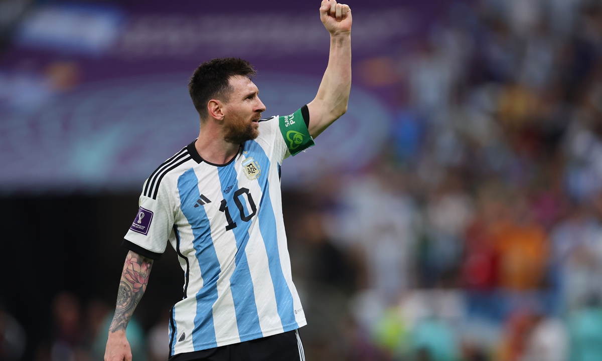 Lionel Messi of Argentina celebrates their win over Mexico at the FIFA World Cup at Lusail Stadium in Lusail, Qatar, on November 26, 2022. Photo: VCG