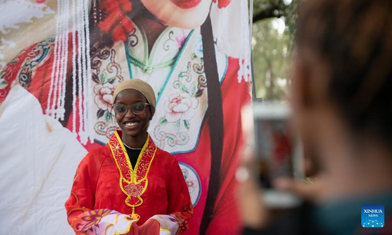 A Kenyan dressed in a Chinese opera costume poses for a photo during a Chinese cultural event held at the Kenya National Theater in Nairobi, Kenya, Nov. 28, 2022. Launched by Chinese Embassy in Kenya, Kenya Cultural Center and Confucius Institute at the University of Nairobi, an event themed with Chinese opera was held at the Kenya National Theater on Monday in Nairobi.(Photo: Xinhua)