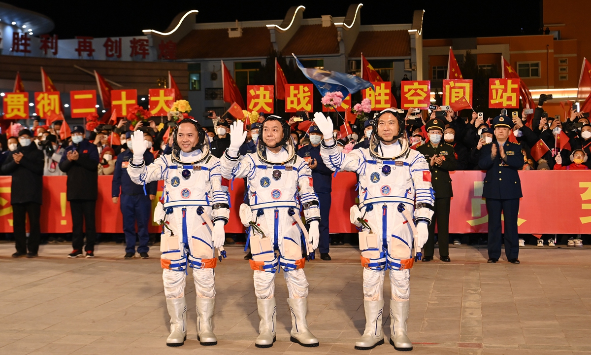 A see-off ceremony for three Chinese taikonauts of the Shenzhou-15 manned space mission was held on Tuesday evening at the Jiuquan Satellite Launch Center in northwest China, according to the China Manned Space Agency. Photo: Wang Jiangbo