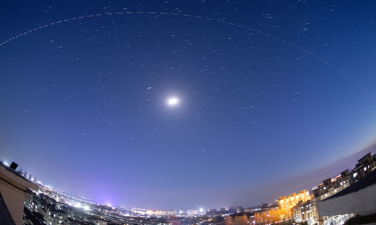 A photo captures the moment when China's space station passes over Guangzong county under Xingtai city, North China's Hebei Province on December 1, 2022. Photo: VCG