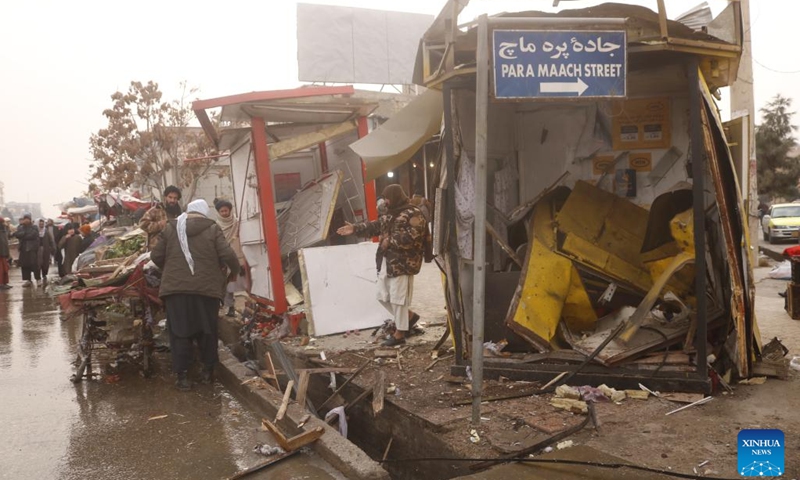 The area near a blast is pictured in Mazar-i-Sharif, Balkh province, Afghanistan, Dec. 6, 2022. Seven commuters have been confirmed dead and six others injured as a blast struck a bus of government employees in Mazar-i-Sharif, the capital of northern Balkh province on Tuesday, provincial police spokesman Mohammad Asif Waziri said.(Photo: Xinhua)