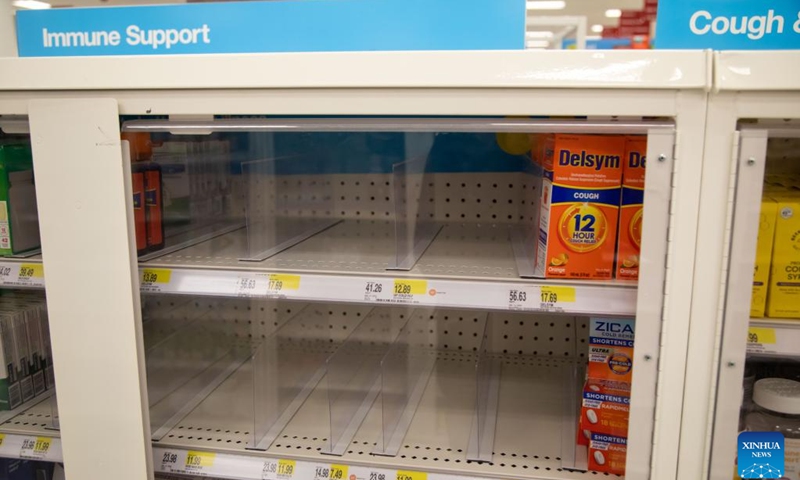 Cold and flu medicines are seen in low supply at a store in New York, the United States, on Dec. 7, 2022. The United States is experiencing surge in respiratory illnesses including COVID-19, flu and respiratory syncytial virus (RSV), worsening the strain on hospitals.(Photo: Xinhua)