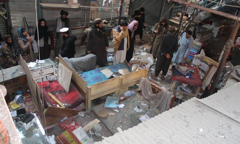 This photo taken on Dec. 6, 2022 shows the site of a blast in Jalalabad city, the capital of eastern Nangarhar province, Afghanistan. Nine people have been confirmed wounded as a blast rocked a currency exchange market here on Tuesday, local TV channel the Tolonews reported.(Photo: Xinhua)