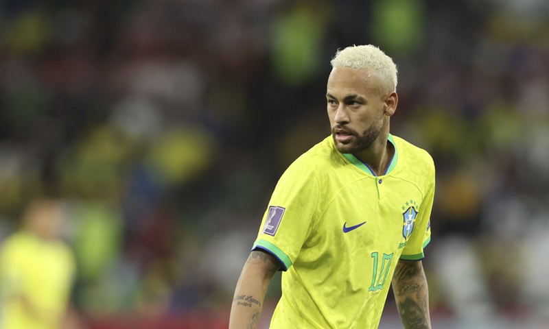 Neymar of Brazil reacts during the Quarterfinal match between Croatia and Brazil of the 2022 FIFA World Cup at Education City Stadium in Al Rayyan, Qatar, Dec. 9, 2022.(Photo: Xinhua)