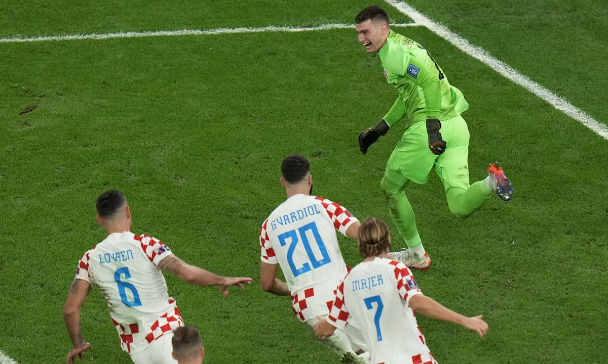 Croatia goalkeeper Dominik Livakovic (right) and teammates celebrate after their win over Brazil in Al Rayyan, Qatar on December 9, 2022. Photo: VCG