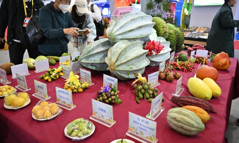 Visitors view tropical fruits at the 2022 China (Hainan) International Tropical Agricultural Products Winter Trade Fair in Haikou, south China's Hainan Province, Dec. 15, 2022. The 2022 China (Hainan) International Tropical Agricultural Products Winter Trade Fair kicked off here on Thursday in the Hainan International Convention and Exhibition Center.(Photo: Xinhua)