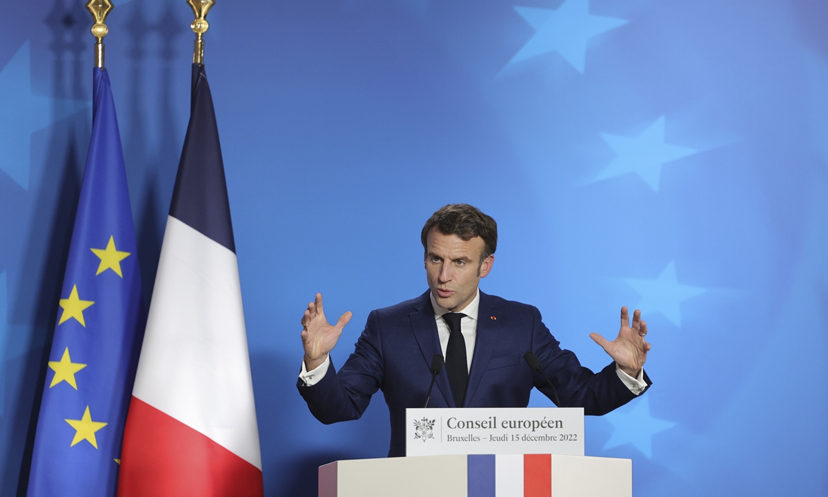 French President Emmanuel Macron speaks at an EU summit in Brussels on December 15, 2022, where leaders discussed issues including the response to the US' Inflation Reduction Act. The EU would have to move more quickly to head off the threat to its industry from planned US subsidies, Macron says. Photo: VCG