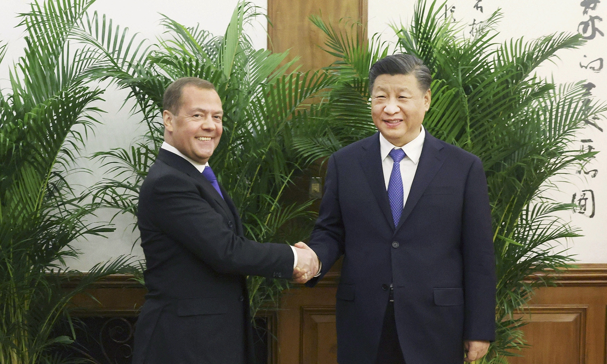 Xi Jinping, general secretary of the Communist Party of China (CPC) Central Committee and Chinese president, meets with Chairman of the United Russia party Dmitry Medvedev, who visits China at the invitation of the CPC, at the Diaoyutai State Guesthouse in Beijing on December 21, 2022. Photo: Xinhua
