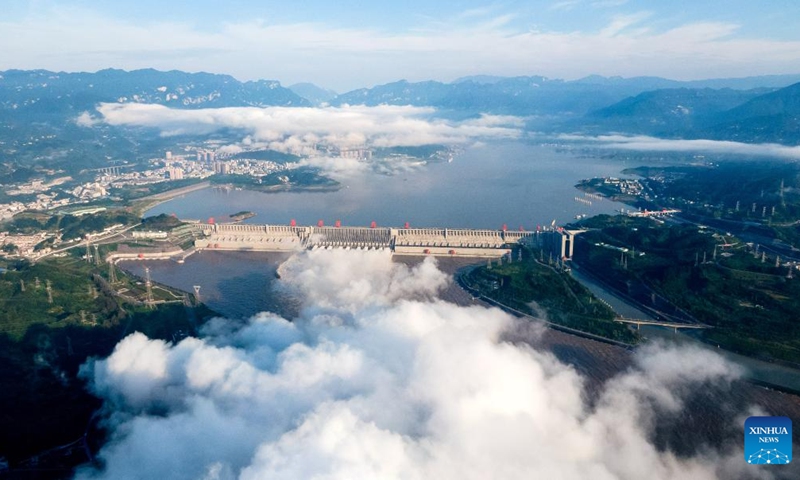 This aerial photo taken on Aug. 19, 2020 shows water gushing out from the Three Gorges Dam in central China's Hubei Province. The Baihetan hydropower station, the world's second-largest in terms of total installed capacity, went fully operational Tuesday in the upper section of the Yangtze River in southwest China, according to China Three Gorges Corporation.(Photo: Xinhua)