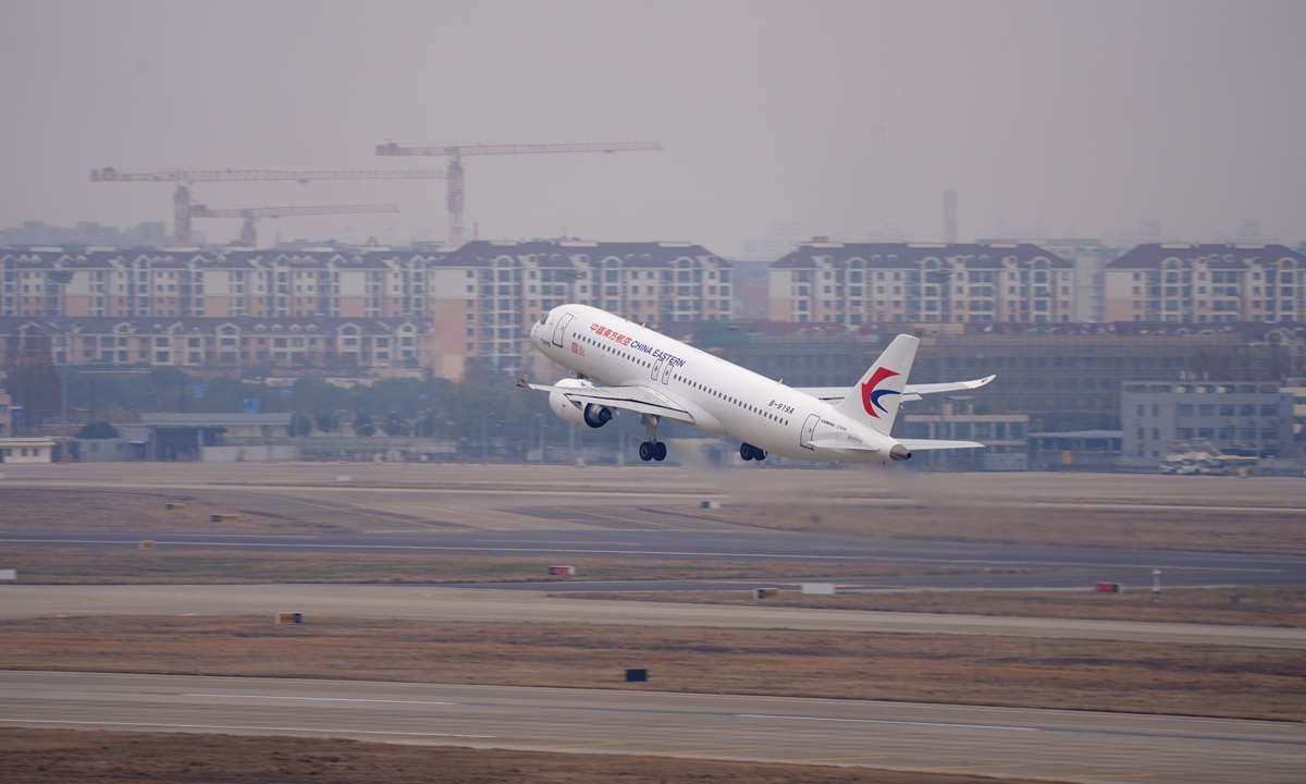 The world's first C919 aircraft departs from Shanghai Hongqiao International Airport on December 26, 2022. Photo: Courtesy of China Eastern Airline