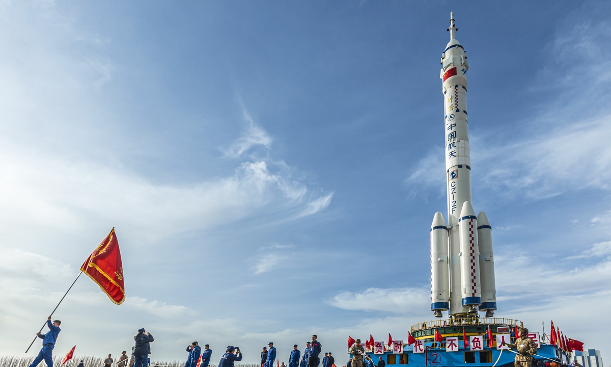 The combination of Shenzhou 15 manned spacecraft and the Long March-2F Y15 carrier rocket is transferred in Jiuquan, Northwest China's Gansu Province on November 21.  Photo: VCG