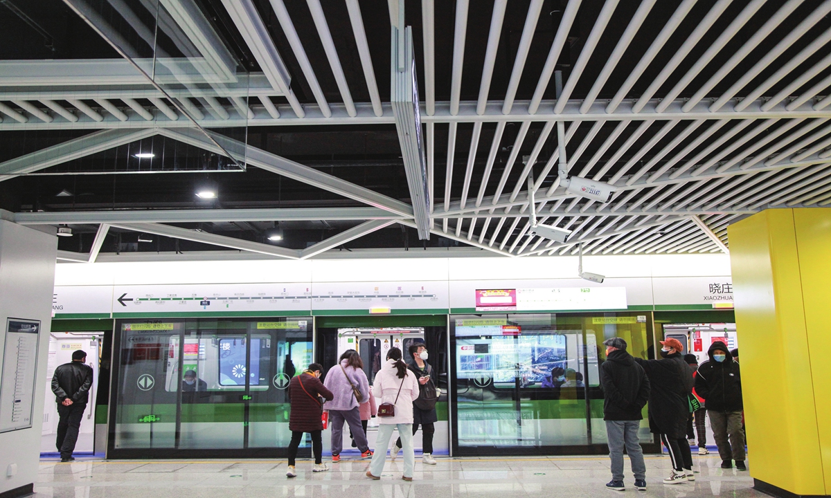 The first driverless subway operates in Nanjing, East China's Jiangsu Province, on December 28, 2022. The line with 10 stations is about 13.84 kilometers long and fully underground, with a maximum operating speed of 80 kilometers per hour. Photo: cnsphoto