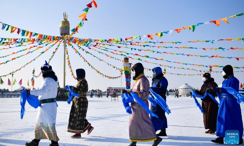 The opening ceremony of a winter fishing-themed festival is held on the Chagan Lake in Songyuan City, northeast China's Jilin Province, Dec. 28, 2022. A winter fishing-themed festival opened on Wednesday at Chagan Lake, marking the beginning of the annual golden season for winter fishing here.(Photo: Xinhua)