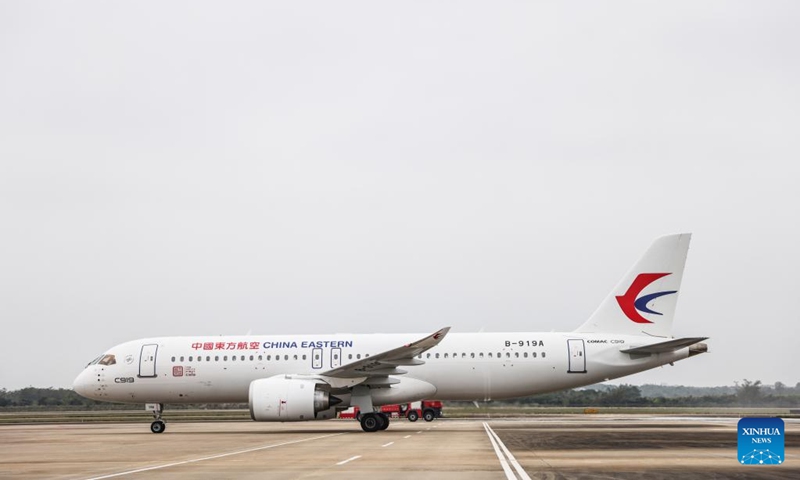 A C919 large passenger aircraft, China's first homegrown large jetliner, lands at Meilan International Airport in Haikou, south China's Hainan Province, Jan. 2, 2023. The aircraft, which belongs to China Eastern Airlines, landed at Meilan International Airport in Haikou on Monday as a part of the 100-hour aircraft validation flight process. The testing process will comprehensively verify the reliability of the C919 with commercial operation in mind -- with the aim of ensuring its safety and efficiency. (Xinhua/Zhang Liyun)