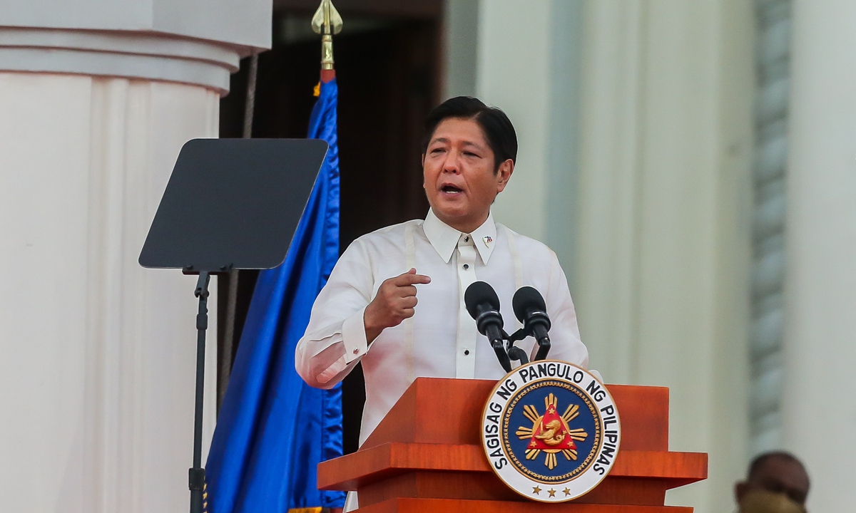 Ferdinand Romualdez Marcos, Jr. delivers his inaugural address as the 17th president of the Philippines at the National Museum in Manila in front of thousands of people on July 1, 2022.Photo:Xinhua