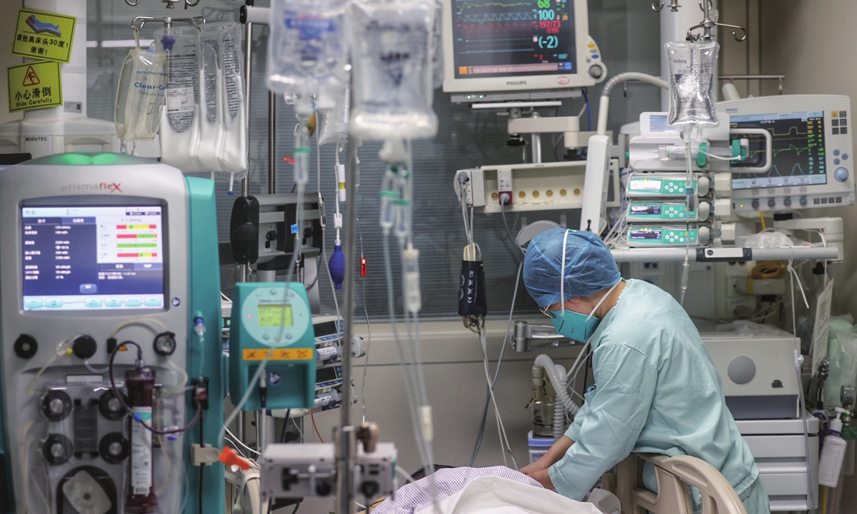 A nurse at Peking Union Medical College Hospital monitors a critically ill patient in the ICU ward at midnight on New Year's Day on January 1, 2023. Photo: Cui Meng/GT