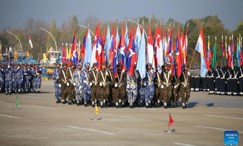 Soldiers attend a military parade celebrating Myanmar's 75th anniversary of Independence Day in Nay Pyi Taw, Myanmar, Jan. 4, 2023.(Photo: Xinhua)