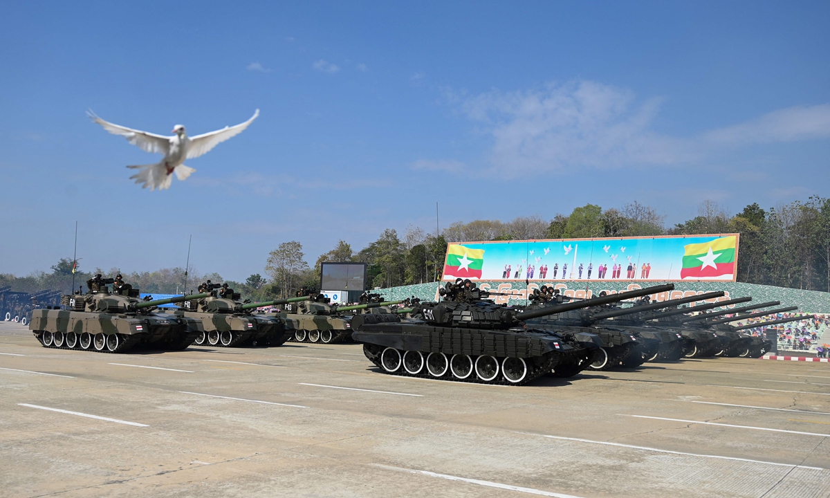 Myanmar military vehicles are displayed at a parade ground to mark the country's 75th Anniversary of Independence Day in Naypyidaw on January 4, 2023. On the day, Myanmar's State Administration Council granted amnesty to 7,012 prisoners. Photo: VCG