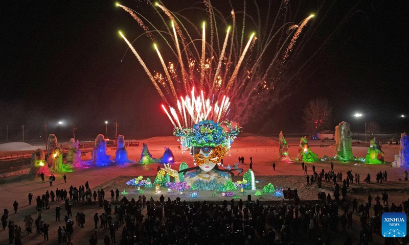 This aerial photo taken on Jan. 3, 2023 shows a fireworks show staged at a scenic spot in Shenyang, northeast China's Liaoning Province. Liaoning Province has rolled out a variety of ice-snow tourism activities to boost its winter tourism industry.During the three-day New Year holiday, Liaoning received about 6.27 million tourists, with tourism income reaching some 4.804 billion yuan (about 698 million U.S. dollars).(Photo: Xinhua)