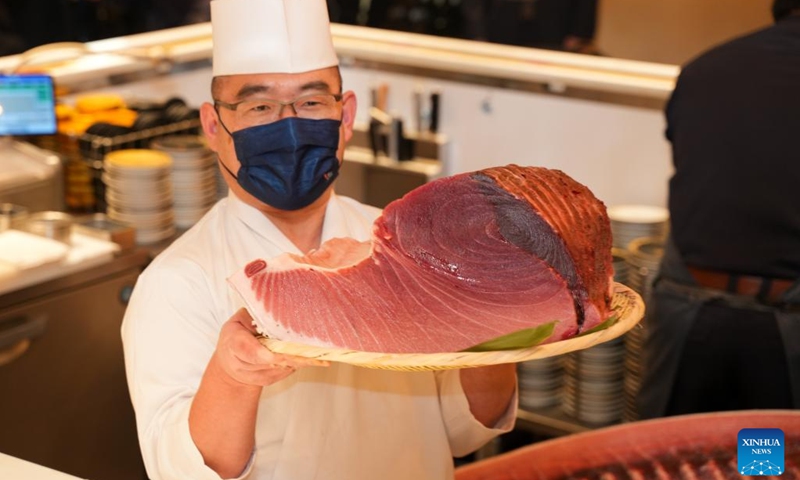 A chef shows a piece of bluefin tuna meat in a shop in Tokyo, Japan, Jan. 5, 2023. A 212-kilogram bluefin tuna caught off the northern Japan town of Oma, Aomori Prefecture, fetched 36.04 million yen (about 271,500 U.S. dollars) in the first auction of 2023 at Toyosu market early on Thursday.(Photo: Xinhua)