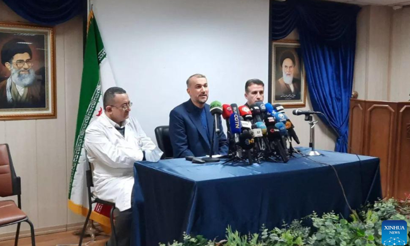 Iranian Foreign Minister Hossein Amir-Abdollahian (C) speaks during a news briefing at a hospital in Tehran, Iran, on Jan. 27, 2023. The Iranian foreign minister on Friday condemned the deadly armed attack on Azerbaijan's embassy in Tehran, saying the two countries should not let their ties be affected by the incident. Photo: Xinhua