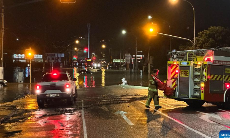 This photo taken on Jan. 27, 2023 shows a flooded street in Auckland, New Zealand. A state of emergency was declared in Auckland on Friday as heavy rains caused widespread flooding in New Zealand's biggest city. Photo: Xinhua