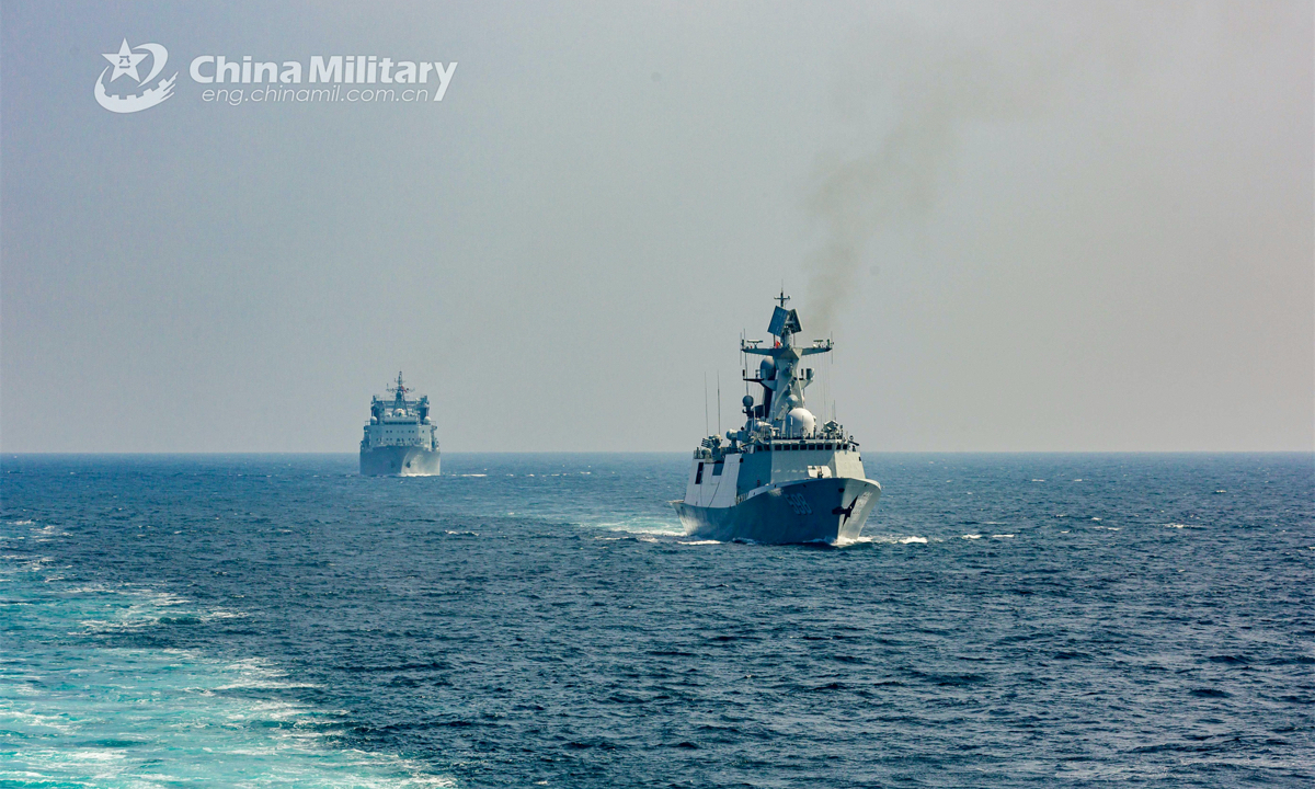 Vessels attached to the 42nd Chinese naval escort taskforce steam in formation in the waters of the Gulf of Aden during a maneuvering exercise in early January 2023. The exercise aimed to hone the taskforce’s capabilities of commanding and maneuvering vessels. (eng.chinamil.com.cn/Photo by Wang Qing)