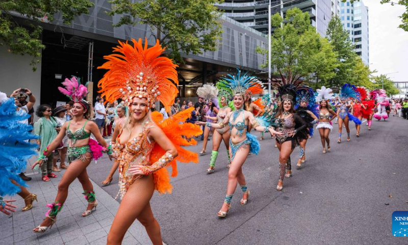 Samba dancers perform at the 2023 National Multicultural Festival in Canberra, Australia, Feb. 18, 2023. The festival, held from Feb. 17 to 19 in Canberra, provides a stage for various cultures and attracts visitors with music, dance performances and delicious food. Photo: Xinhua