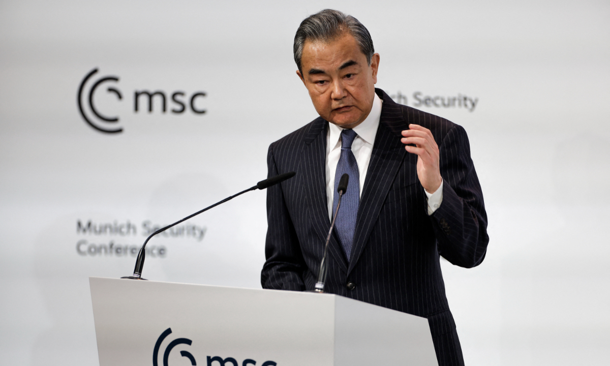 Wang Yi, director of the Office of the Foreign Affairs Commission of the Communist Party of China (CPC) Central Committee and a member of the Political Bureau of the CPC Central Committee, speaks at the Munich Security Conference on February 18, 2023 in Germany. Photo: AFP