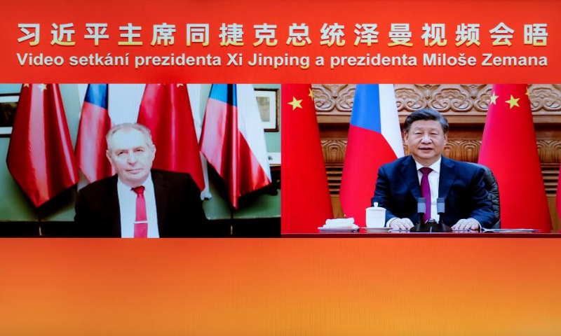 Chinese President Xi Jinping meets with Czech President Milos Zeman via video link in Beijing, capital of China, on Jan. 9, 2023. (Xinhua/Zhai Jianlan)