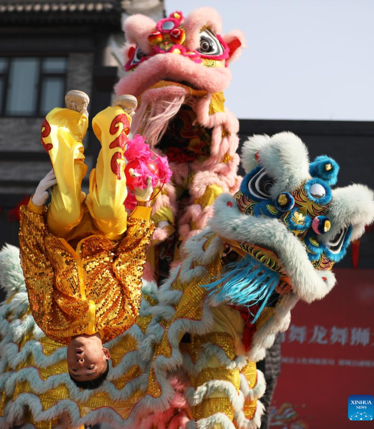 People perform lion dance in Tancheng County of Linyi, east China's Shandong Province, Feb. 4, 2023. The Lantern Festival, the 15th day of the first month of the Chinese lunar calendar, falls on Feb. 5 this year. Various folk cultural activities were held across the country to welcome the upcoming festival. Photo: Xinhua
