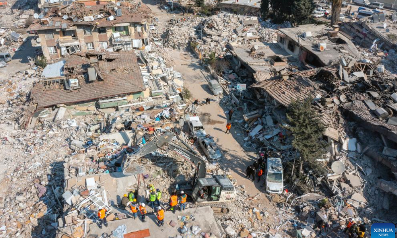 This aerial photo taken on Feb. 12, 2023 shows a scene after the earthquake in Antakya, Hatay Province, Türkiye. The death toll from the twin earthquakes that rocked Türkiye and Syria on Feb. 6 has climbed to 29,605 and 1,414 respectively as of Sunday evening. Photo: Xinhua
