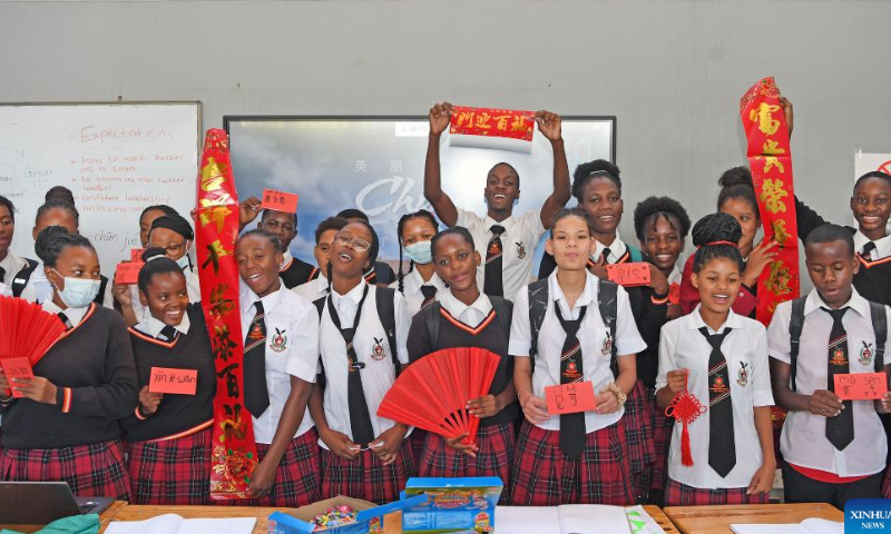 Students sing a traditional Chinese song in Windhoek, Namibia, Jan. 27, 2023. The Confucius Institute at the University of Namibia on Friday acquainted local students with traditions related to the Chinese New Year, or the Spring Festival. Photo: Xinhua
