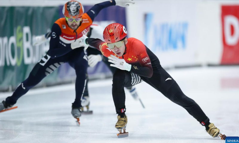 Lin Xiaojun of China competes during the semifinal of men's 500m at the ISU World Cup Short Track Speed Skating series in Dordrecht, the Netherlands, Feb. 12, 2023. Photo: Xinhua
