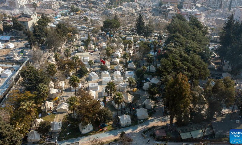 This aerial photo taken on Feb. 12, 2023 shows a scene after the earthquake in Antakya, Hatay Province, Türkiye. The death toll from the twin earthquakes that rocked Türkiye and Syria on Feb. 6 has climbed to 29,605 and 1,414 respectively as of Sunday evening. Photo: Xinhua