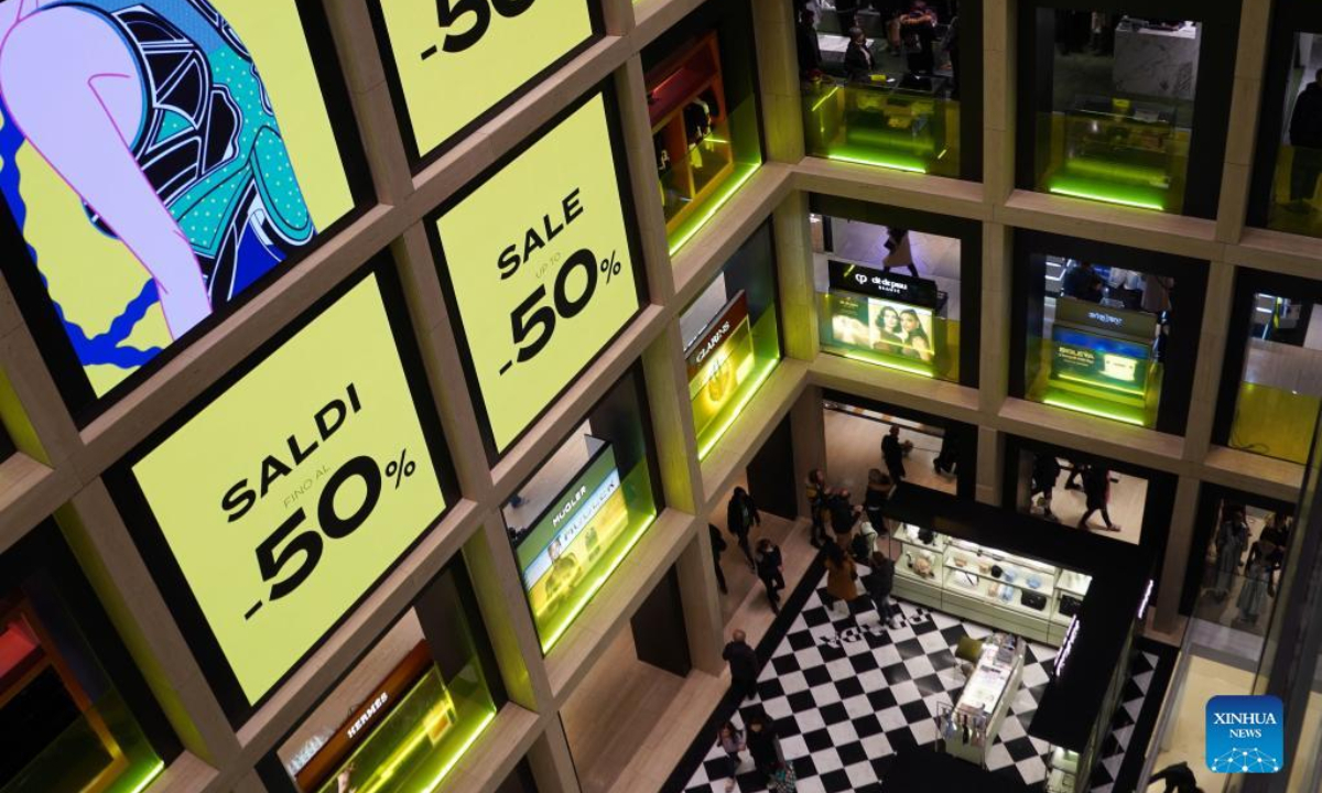 Discount signs are seen at a store in Rome, Italy, on Jan 5, 2023. The winter sales season kicked off on Thursday in most regions of Italy. Photo:Xinhua