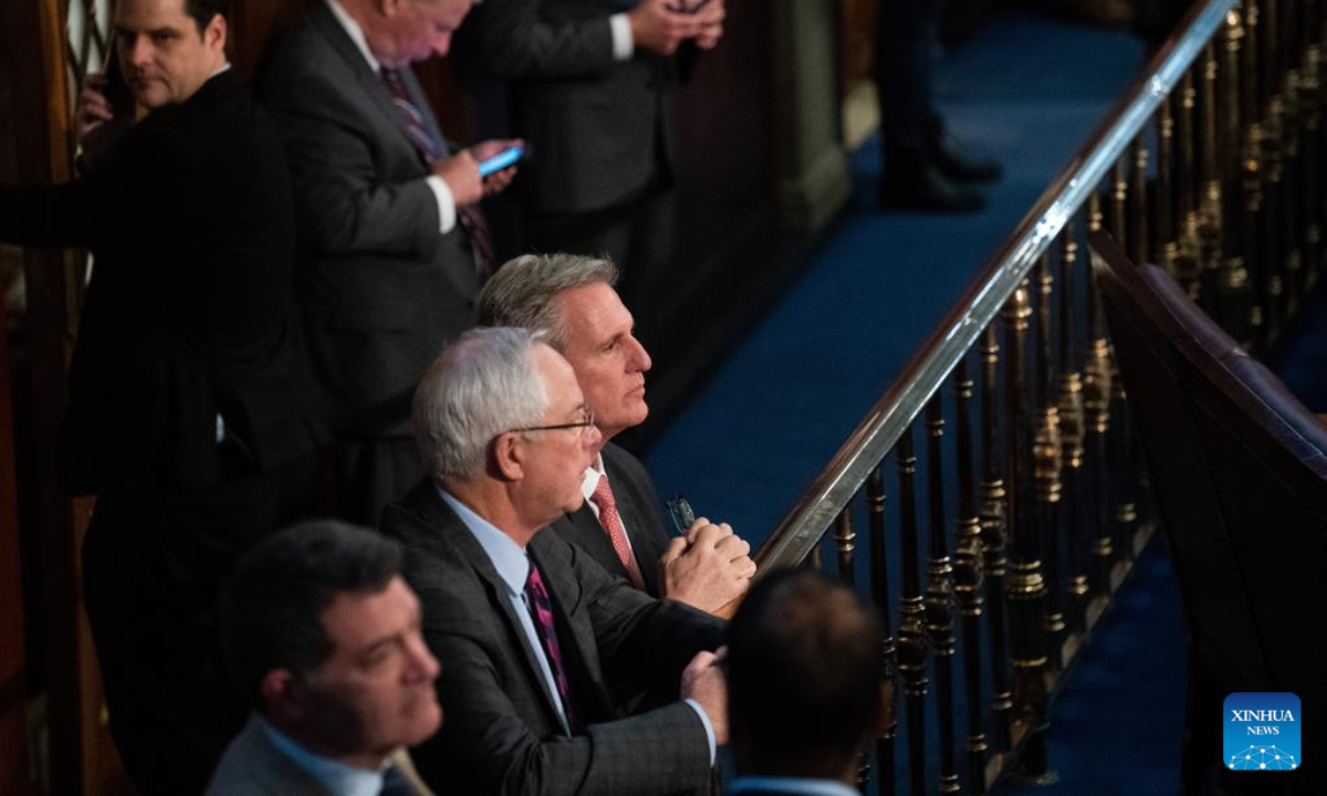 US Congressman Kevin McCarthy (1st R) listens in the House chamber as the House meets for a second day to elect a speaker in Washington, DC Jan 5, 2023. The US House of Representatives voted to adjourn until noon on Friday with no speaker elected on Thursday after 11 rounds of voting. Photo:Xinhua