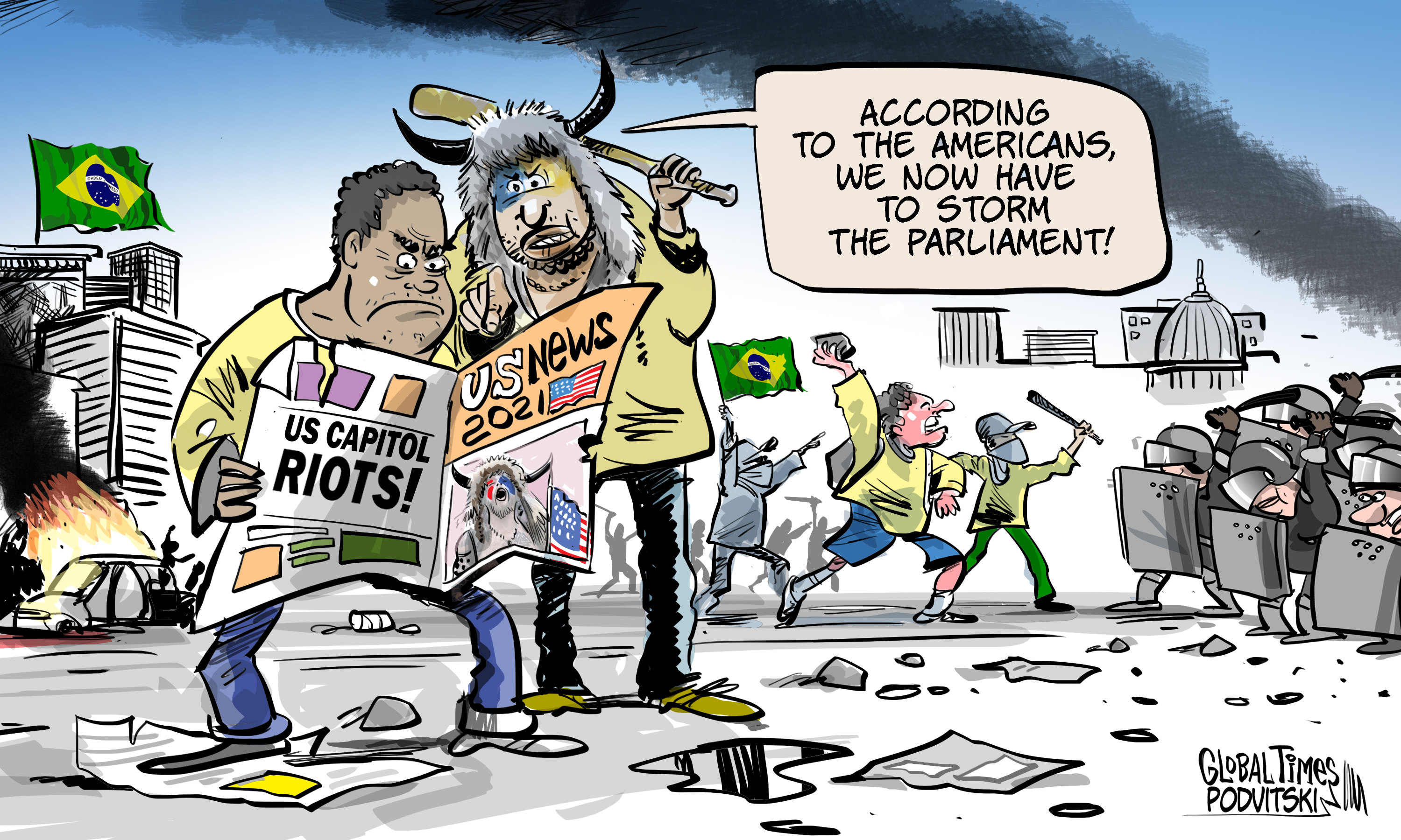 Capitol riots 2.0 in Brazil. Cartoon: Vitaly Podvitski 