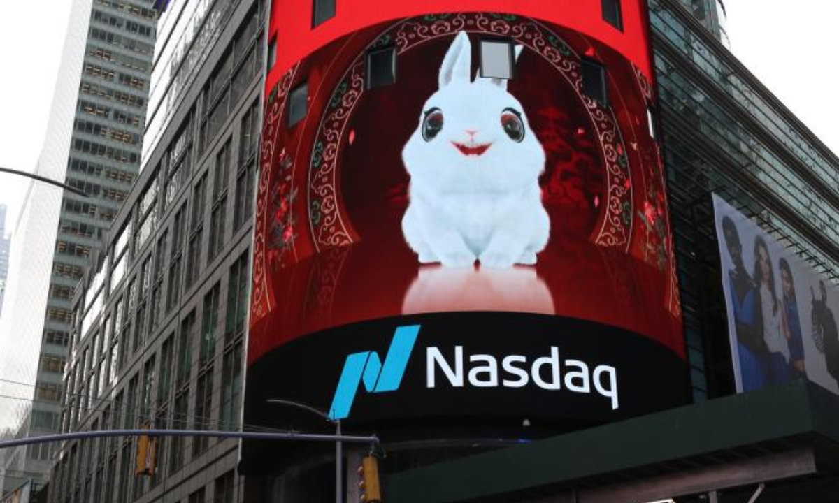 An animation program about Chinese Lunar New Year traditions is seen on Nasdaq's outdoor display in New York, the United States, on Jan 25, 2023. Photo:Xinhua