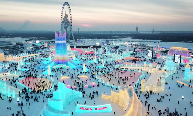 The aerial photo taken on Jan. 25, 2023 shows the Harbin Ice and Snow World in Harbin, northeast China's Heilongjiang Province. Heilongjiang has attracted legions of tourists during the Spring Festival holiday. Photo: Xinhua