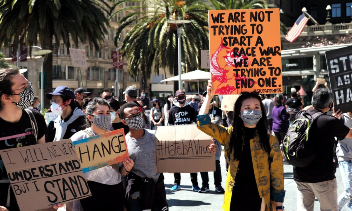 People take part in a rally against racism and violence on Asian Americans at the Union Square in San Francisco, the United States, March 27, 2021. Photo:Xinhua 