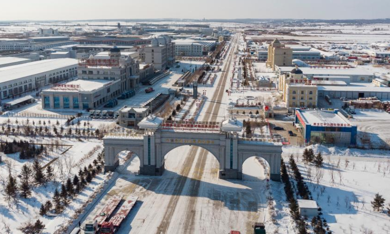 This aerial photo taken on Feb. 11, 2023 shows part of the Heihe Area of China (Heilongjiang) Pilot Free Trade Zone in northeast China's Heilongjiang Province. Recently, enterprises in the Heihe Area of China (Heilongjiang) Pilot Free Trade Zone have been busy with production to meet the orders and to make a good start in the first quarter of 2023. Photo: Xinhua