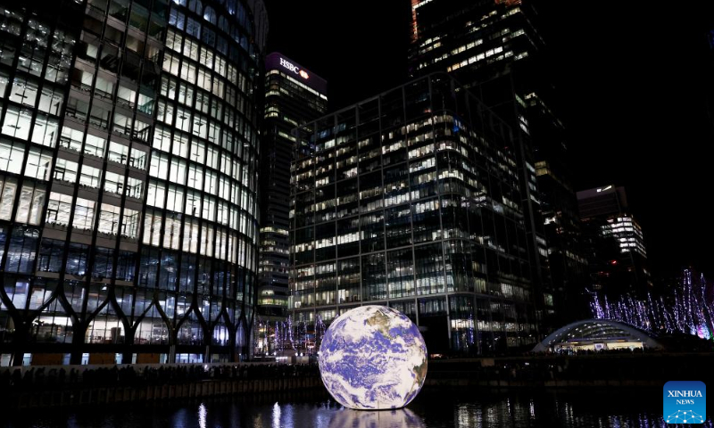 This photo taken on Jan. 27, 2023 shows a light installation titled Floating Earth during a winter light show at Canary Wharf in London, Britain. Photo: Xinhua