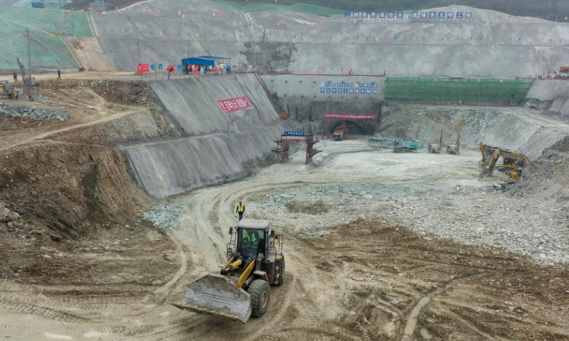 This aerial photo taken on Feb. 18, 2023 shows the construction site of an underground water-transfer tunnel in Danjiangkou, central China's Hubei Province. Started construction on Saturday, the tunnel is the main part of a project to channel water from the Three Gorges Reservoir area to the Hanjiang River, a tributary of the Yangtze River. Photo: Xinhua
