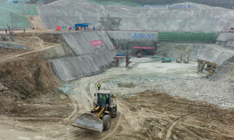 This aerial photo taken on Feb. 18, 2023 shows the construction site of an underground water-transfer tunnel in Danjiangkou, central China's Hubei Province. Started construction on Saturday, the tunnel is the main part of a project to channel water from the Three Gorges Reservoir area to the Hanjiang River, a tributary of the Yangtze River. Photo: Xinhua