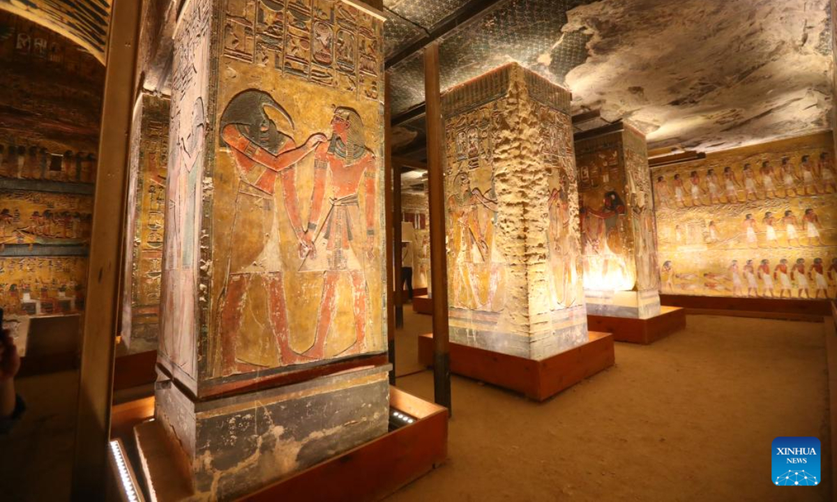 This photo taken on Jan 24, 2023 shows a relief painting inside the tomb of King Seti I at the Valley of the Kings in Luxor, Egypt. The tomb of King Seti I (1314-1304 BC) is famous for its well preserved colorful relief paintings. Photo:Xinhua