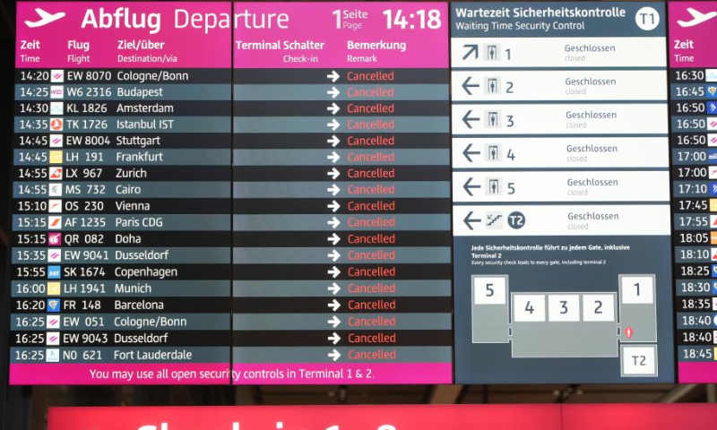Information of cancelled flights is shown on a screen at a terminal of Berlin Brandenburg Airport in Schoenefeld, Germany, Jan. 25, 2023. All passenger flights at Berlin Brandenburg Airport were canceled or delayed on Wednesday due to a strike by airport workers, estimated to affect about 35,000 passengers. Photo: Xinhua