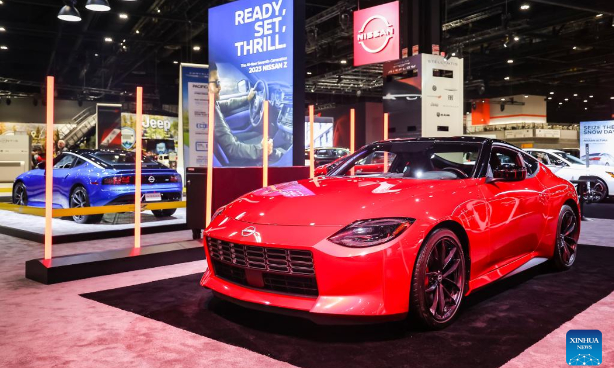 Nissan 370Z vehicles are on display during the media preview of Chicago Auto Show in Chicago, the United States, Feb 9, 2023. Photo:Xinhua
